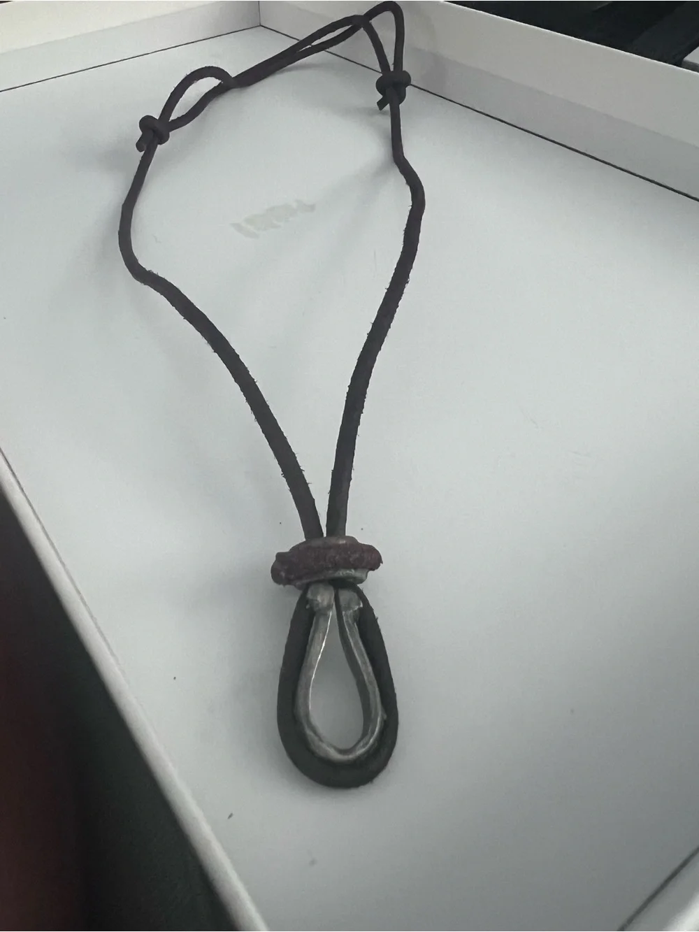 Vintage Boho Brown Leather Cord Necklace with Metal Teardrop Pendant